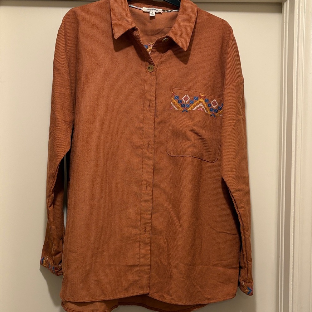 Rust Orange Button-Up Shirt With Patterned Pocket… - image 1